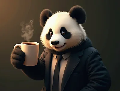 Anthropomorphic Panda Wearing A Business Suit Holding Coffee