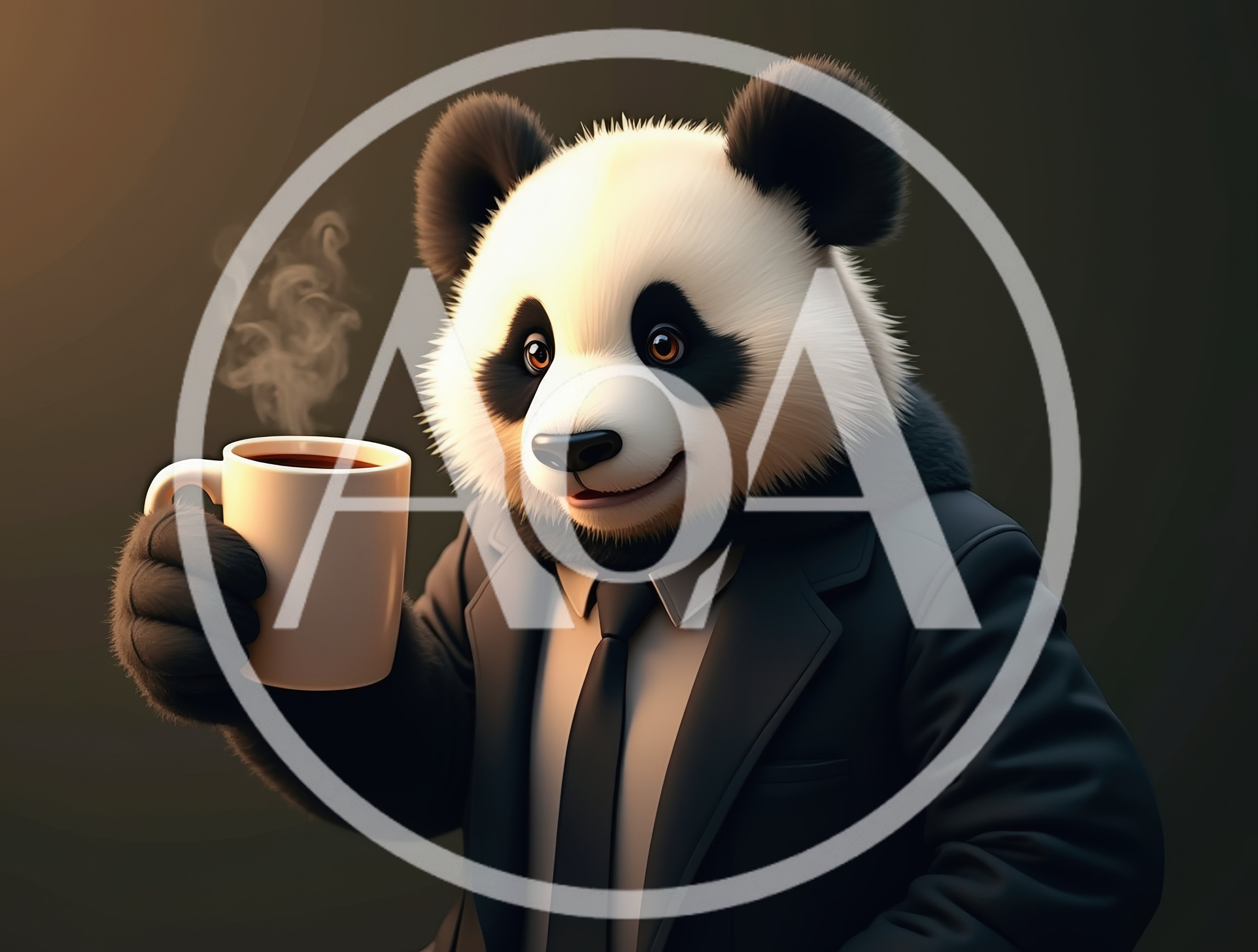 Anthropomorphic Panda Wearing A Business Suit Holding Coffee