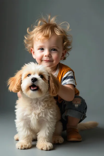 Toddler Boy Hugging A Fluffy Puppy