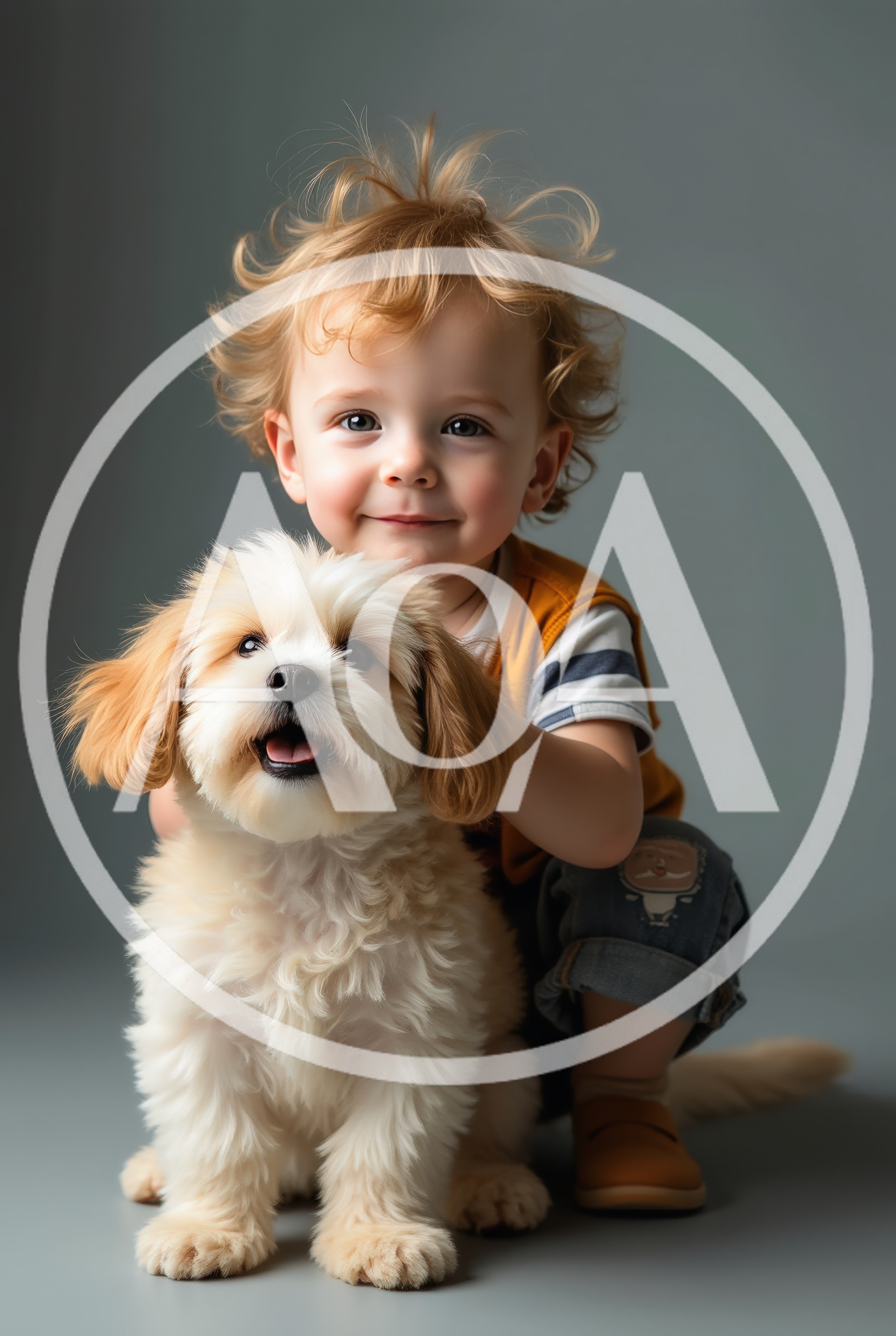 Toddler Boy Hugging A Fluffy Puppy