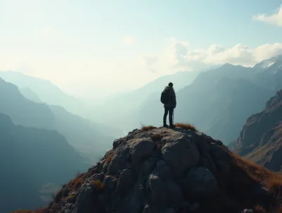 Hiker Standing On A Rocky Mountain Peak