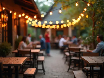 Outdoor Restaurant Patio With String Lights At Dusk