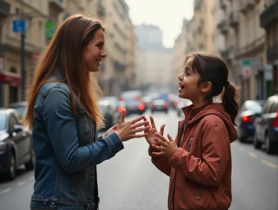 Mother and Daughter Talking on a City Street