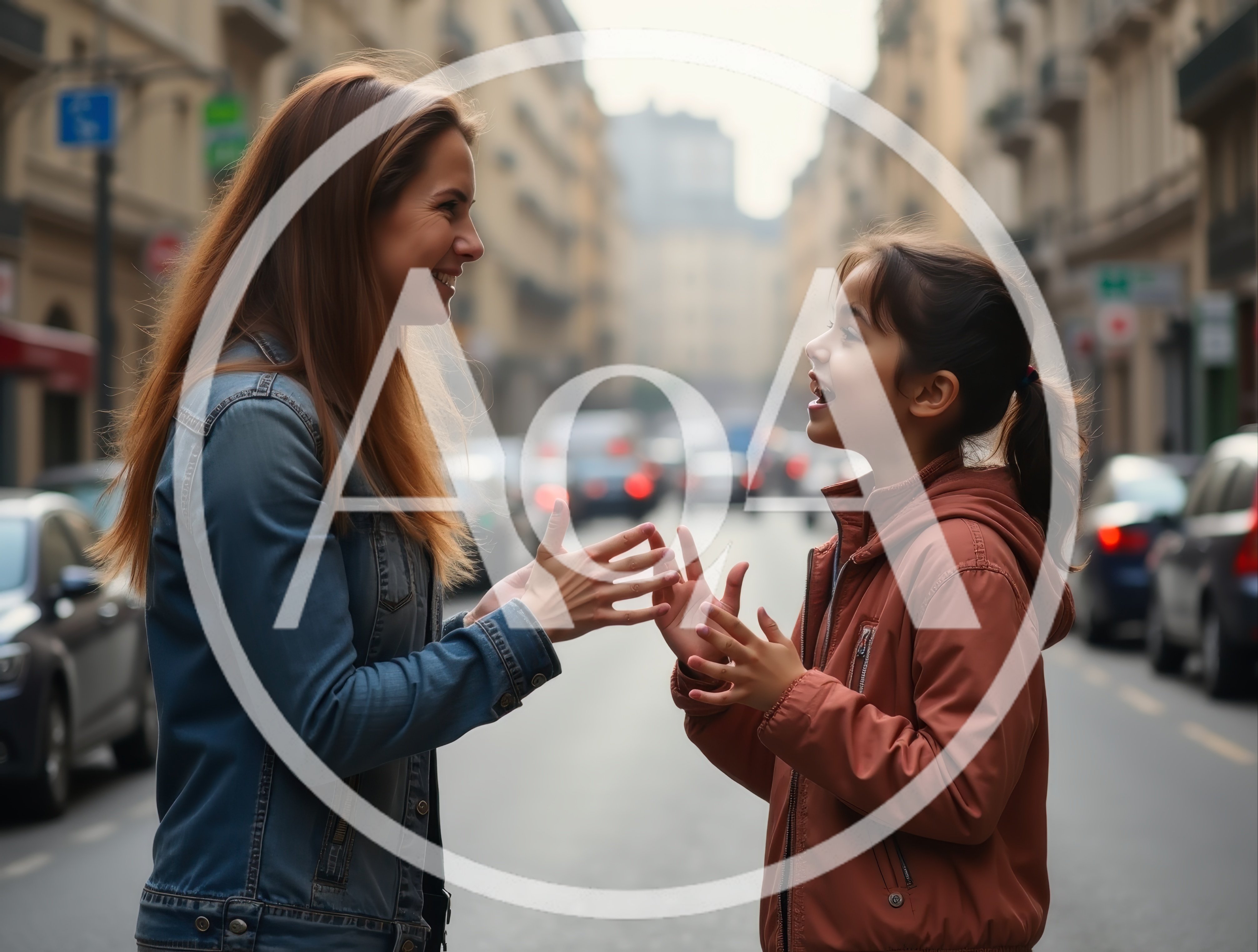 Mother and Daughter Talking on a City Street