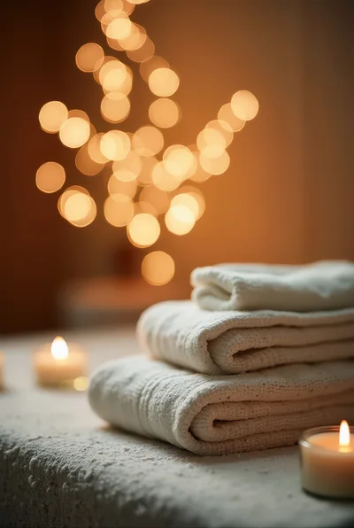 Stacked White Spa Towels With Candles And Bokeh Lights