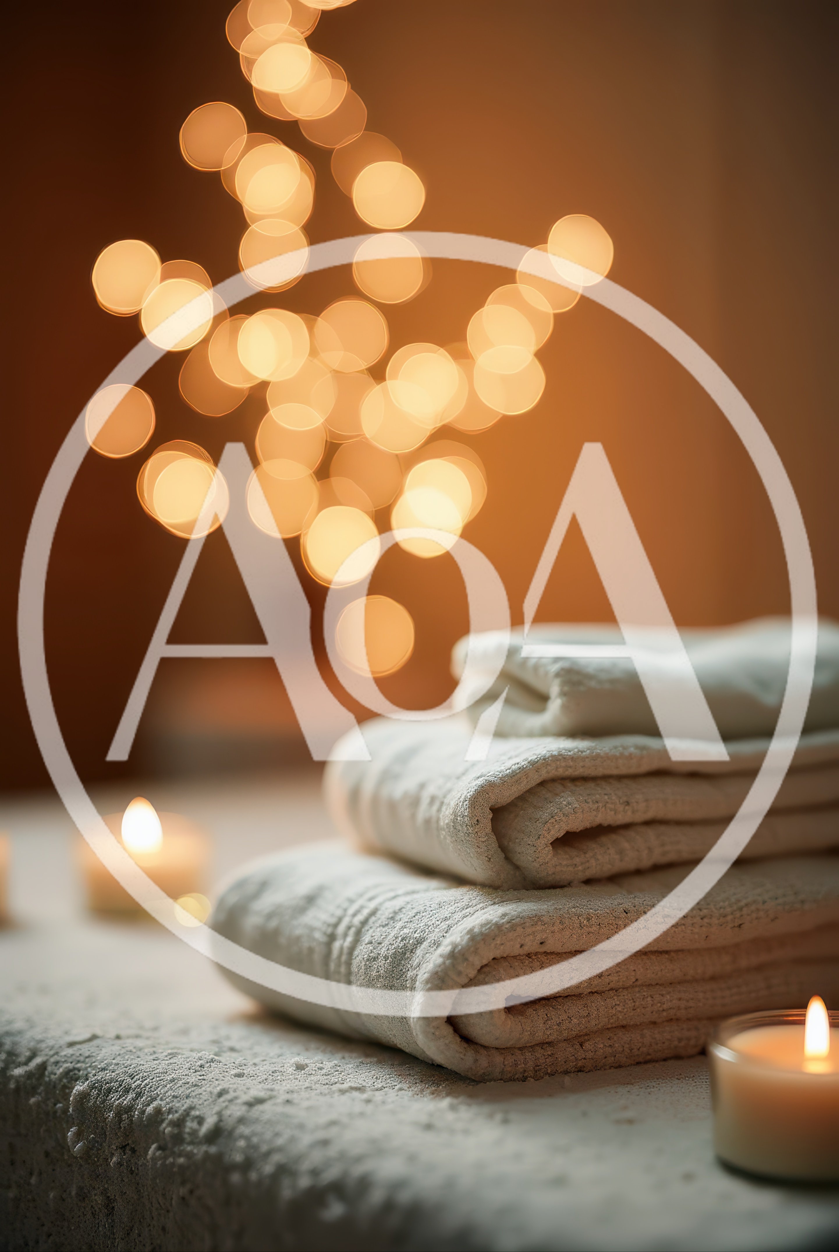Stacked White Spa Towels With Candles And Bokeh Lights