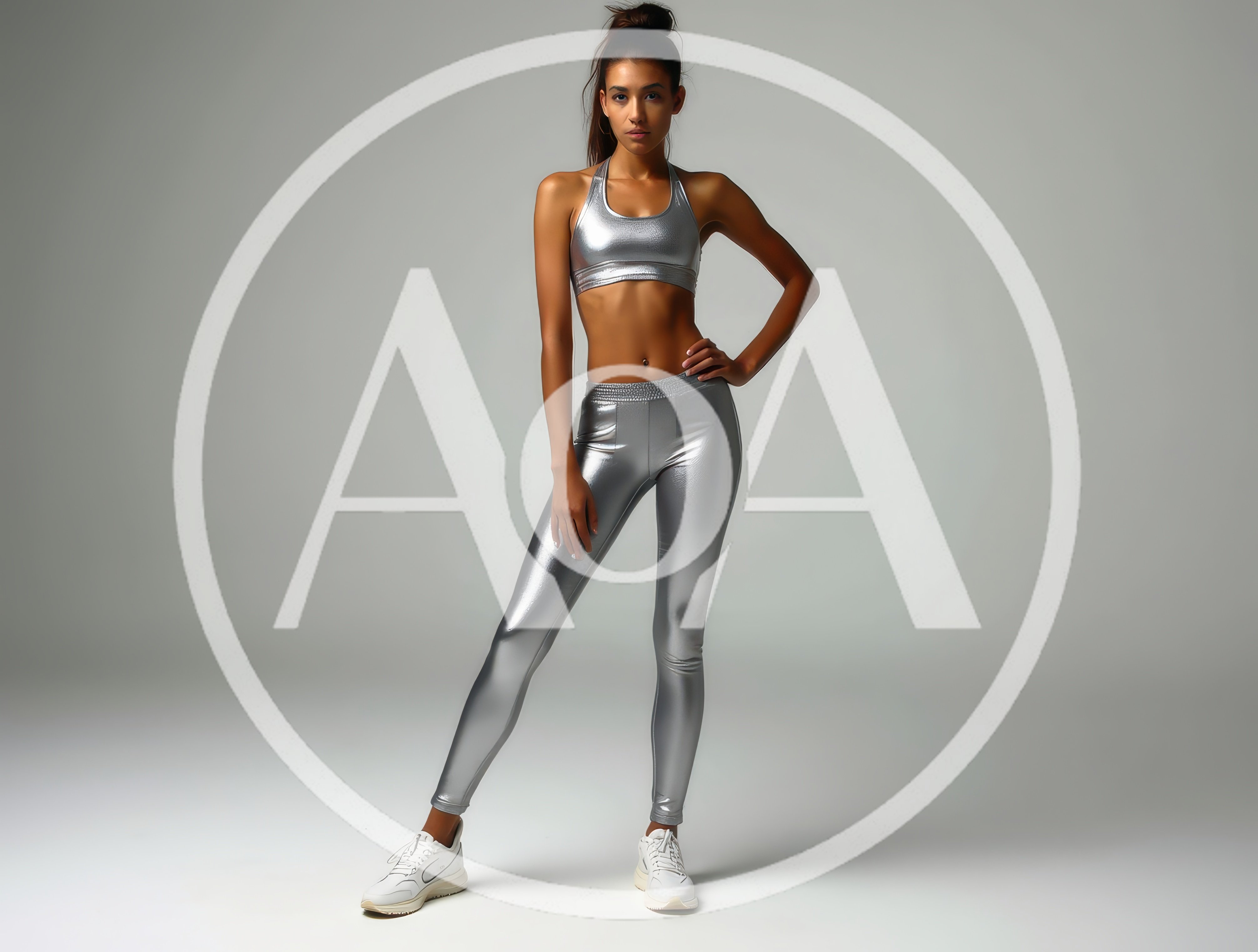 Fit Woman Posing in Metallic Silver Activewear