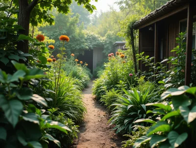 Sunlit Garden Path Beside A Rustic Wooden Cottage