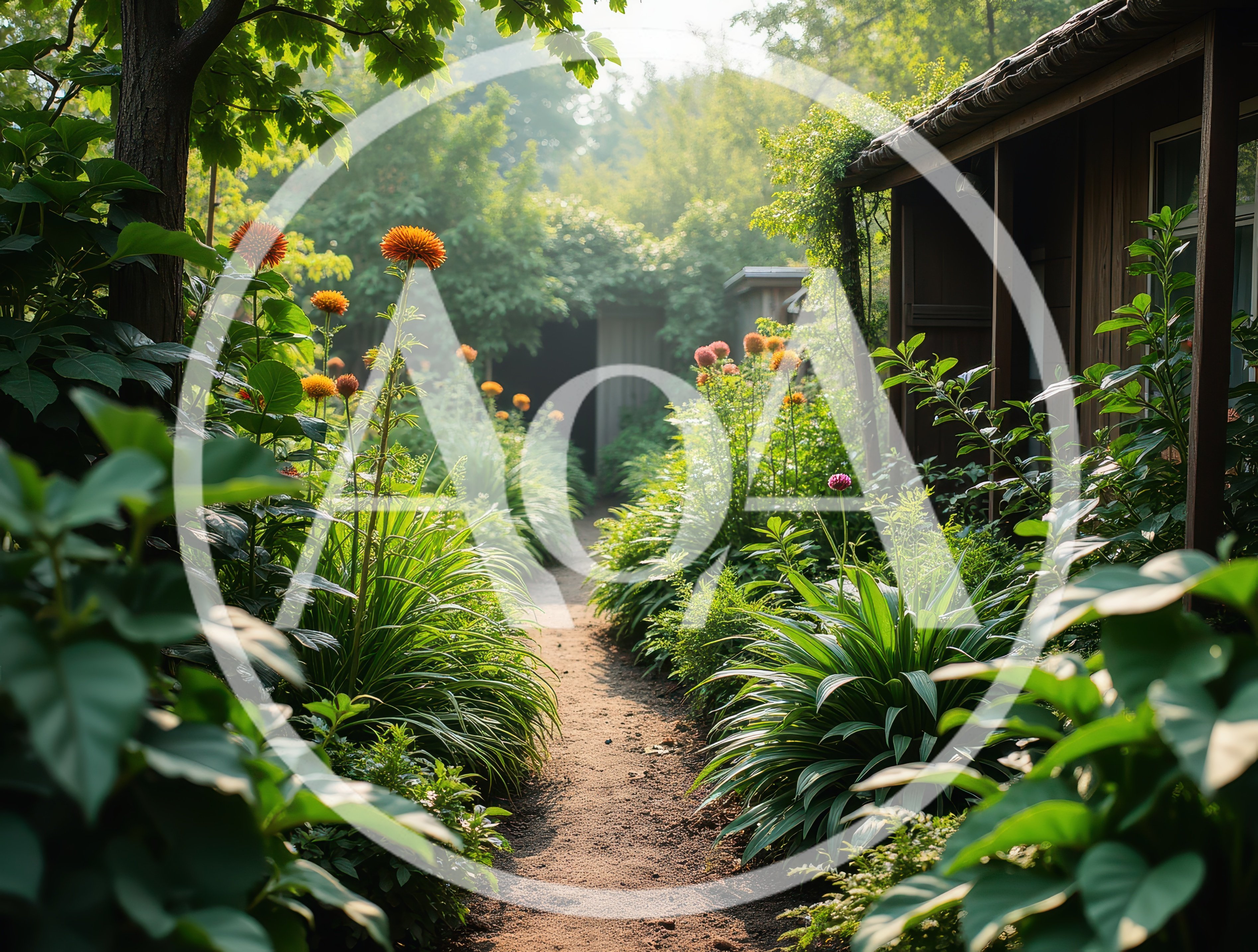 Sunlit Garden Path Beside A Rustic Wooden Cottage
