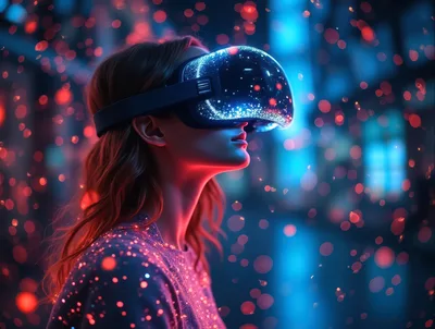 Woman Wearing Futuristic Virtual Reality Headset In Neon City