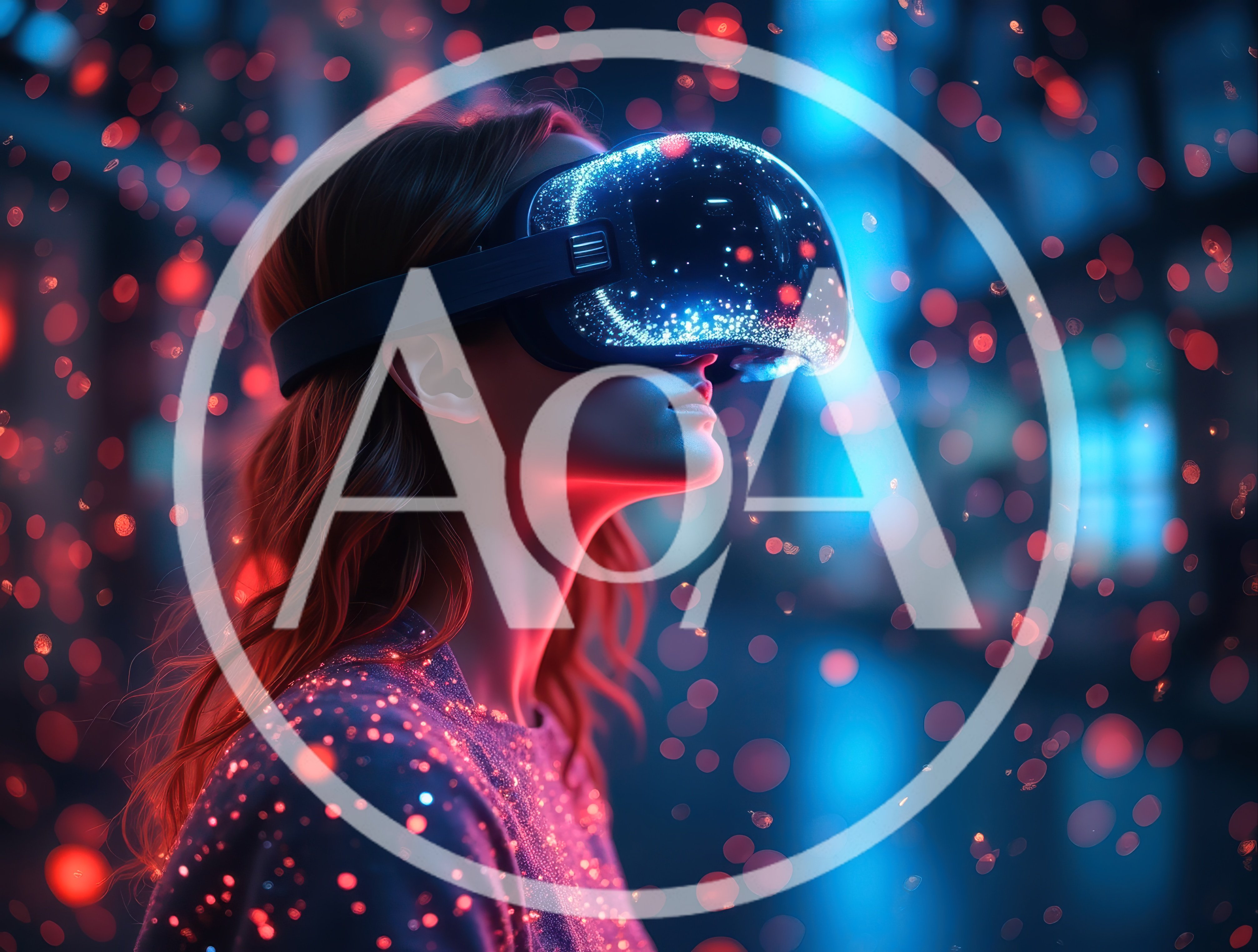Woman Wearing Futuristic Virtual Reality Headset In Neon City