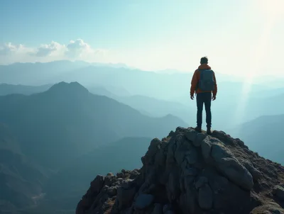 Hiker Standing On A Mountain Peak At Sunrise