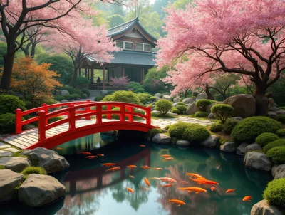 Traditional Japanese Garden With Red Bridge And Koi Pond