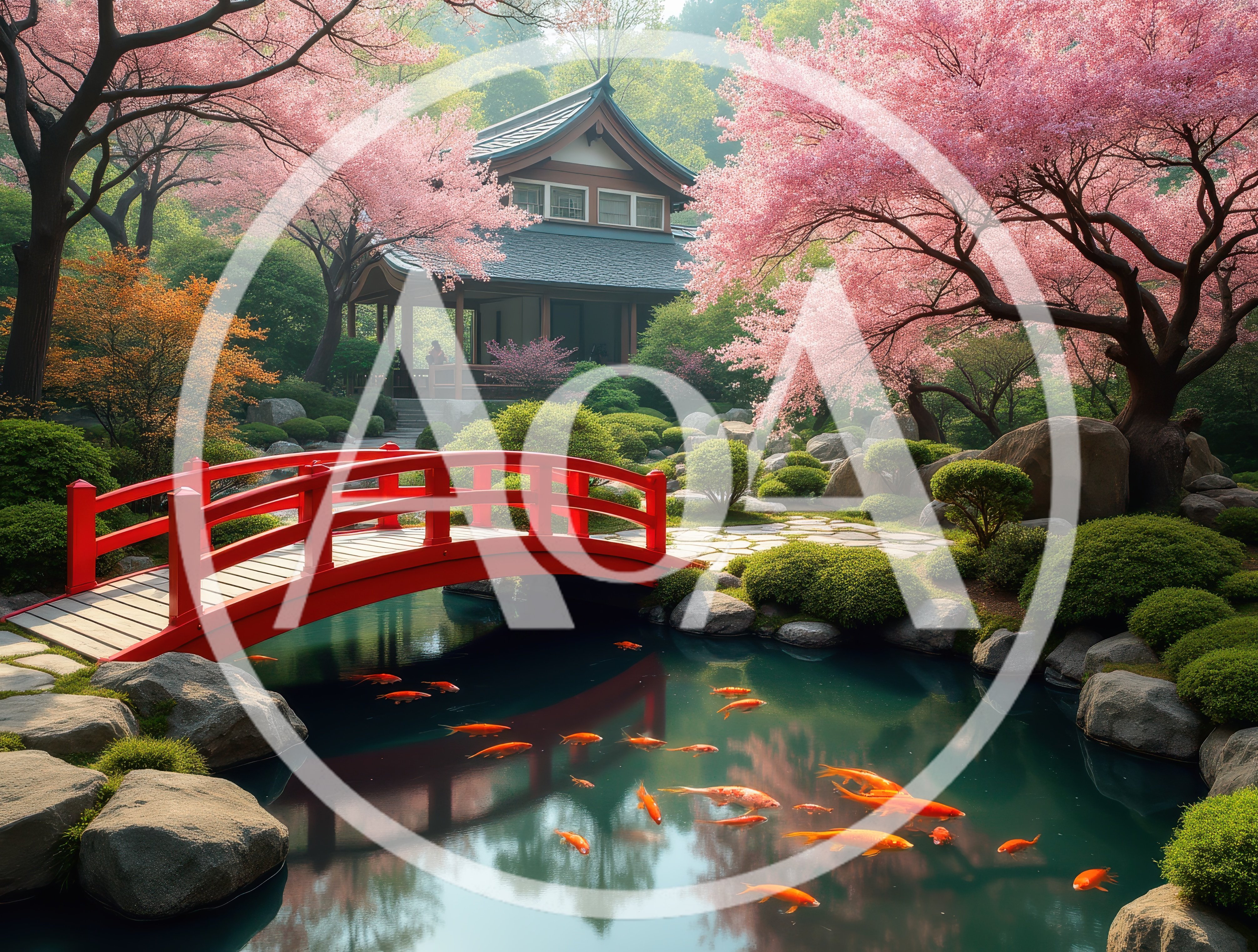 Traditional Japanese Garden With Red Bridge And Koi Pond