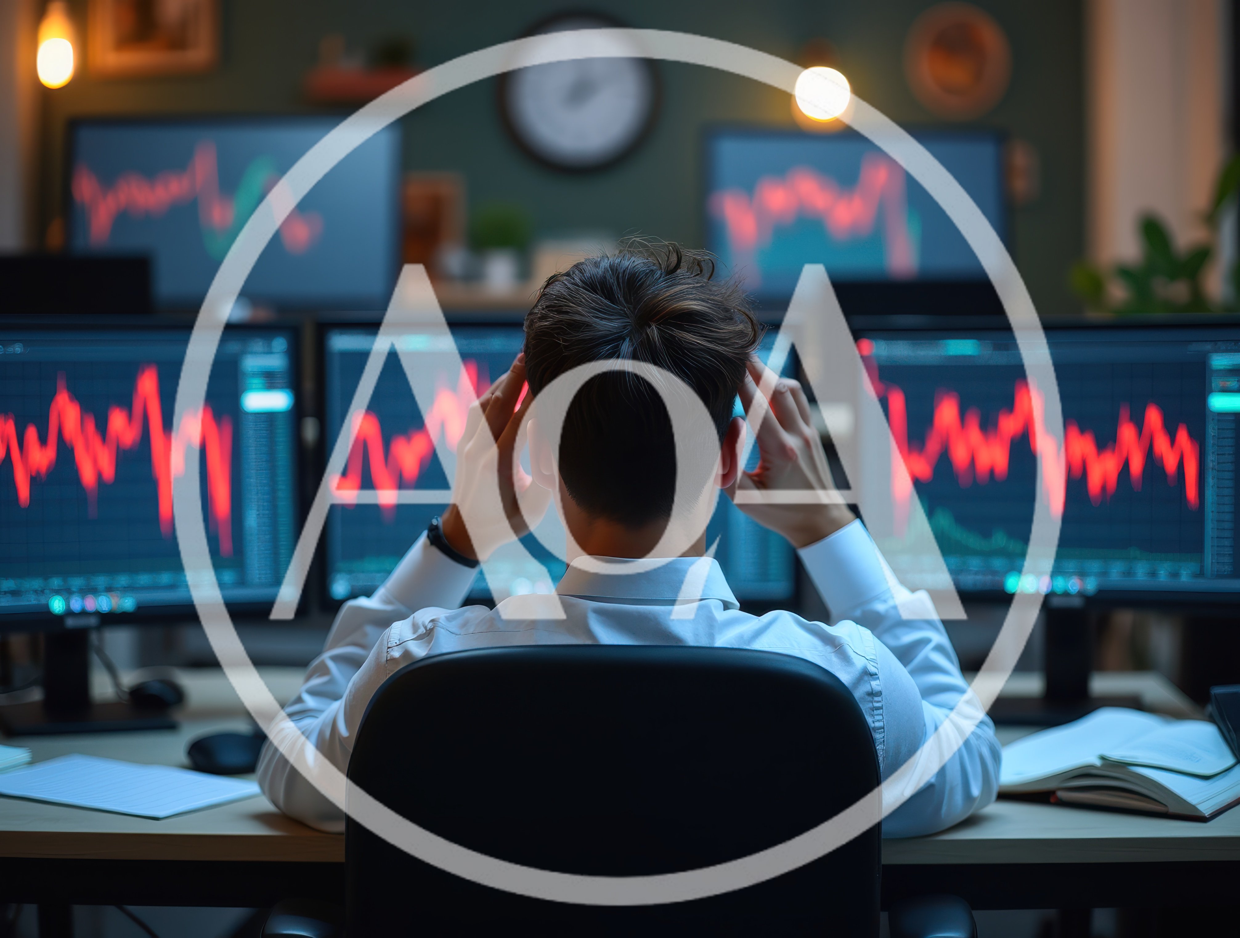 Stressed Trader Working At Multiple Computer Monitors