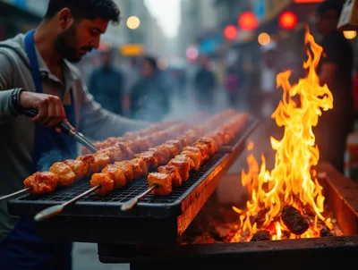Street Food Vendor Grilling Meat Skewers Over Open Fire