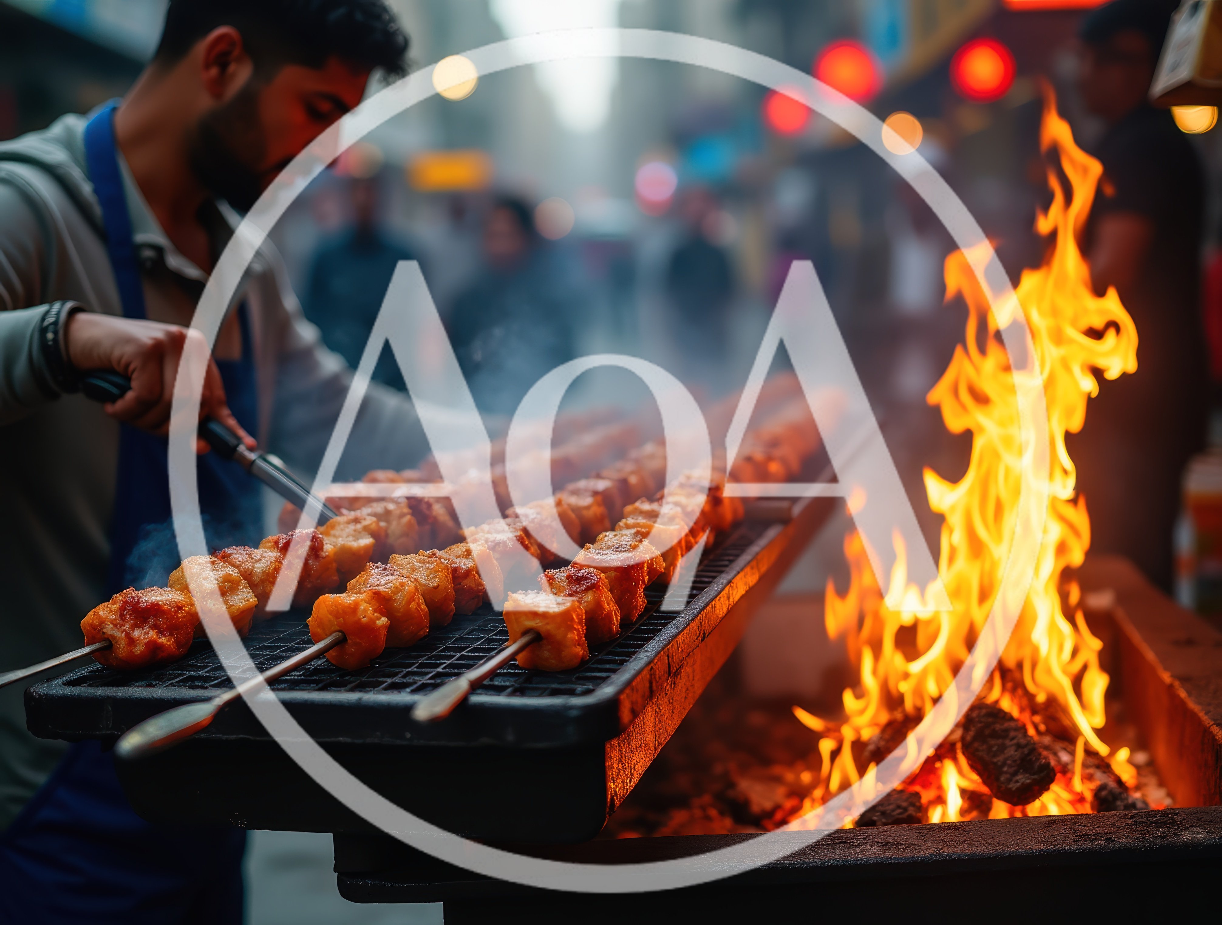 Street Food Vendor Grilling Meat Skewers Over Open Fire
