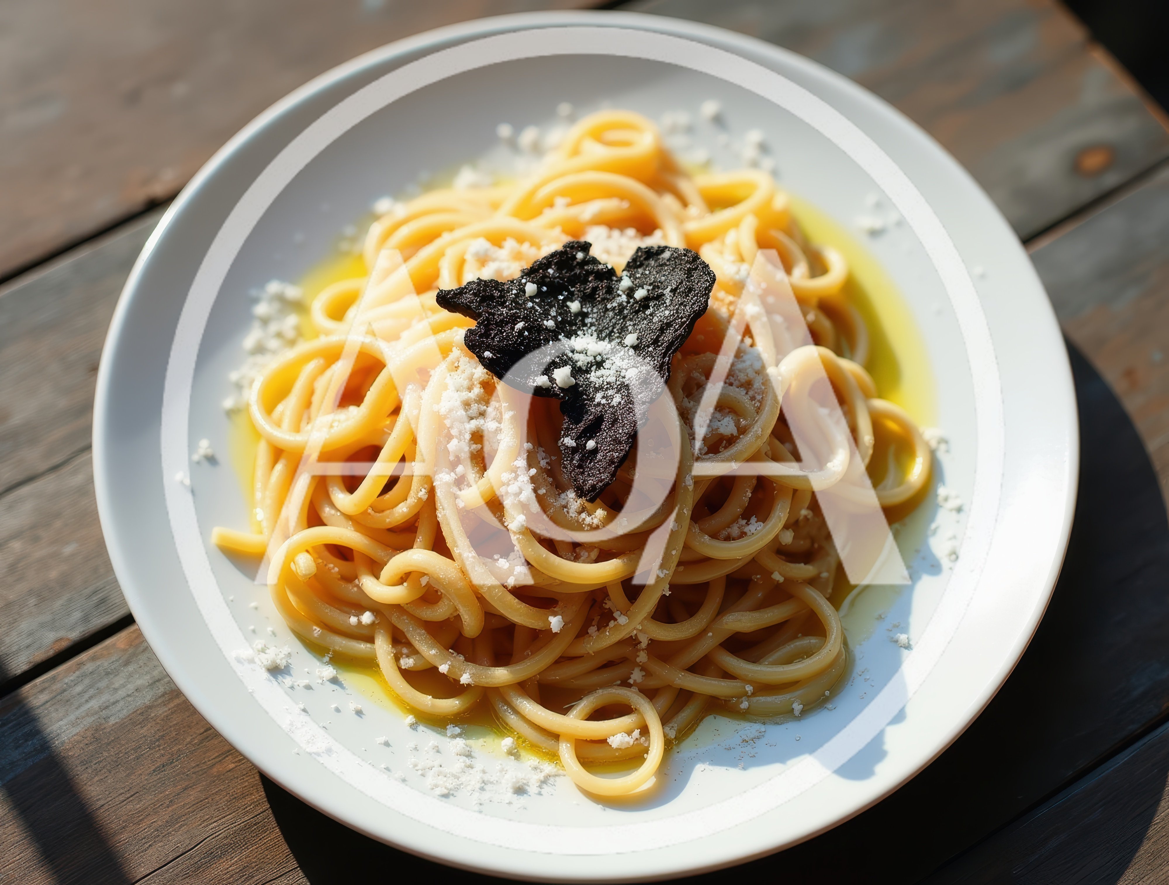Spaghetti Pasta Topped With Black Truffle And Parmesan