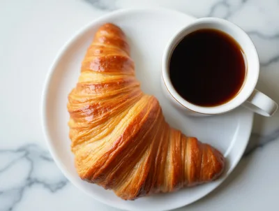 Fresh Golden Croissant And Black Coffee On Marble