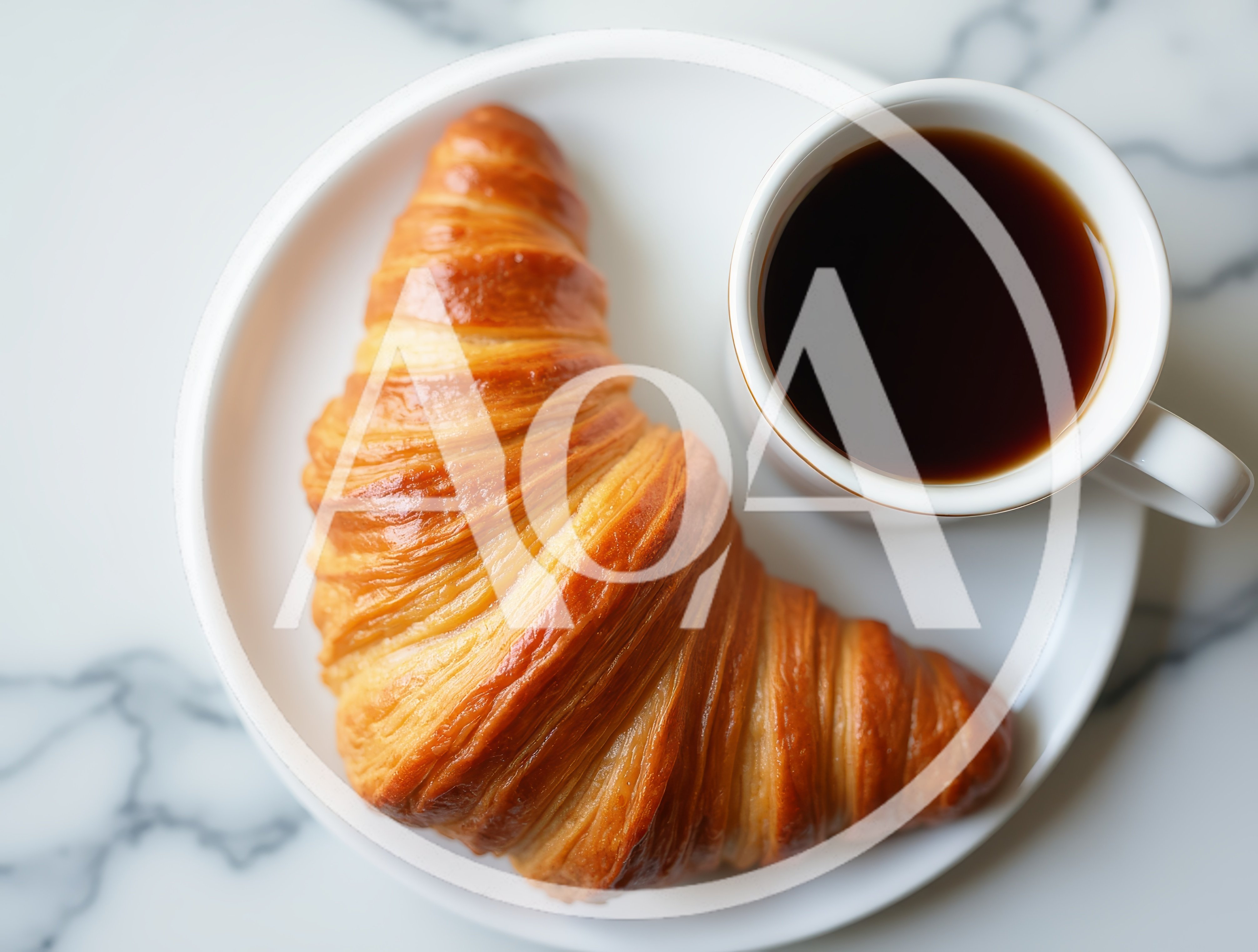 Fresh Golden Croissant And Black Coffee On Marble
