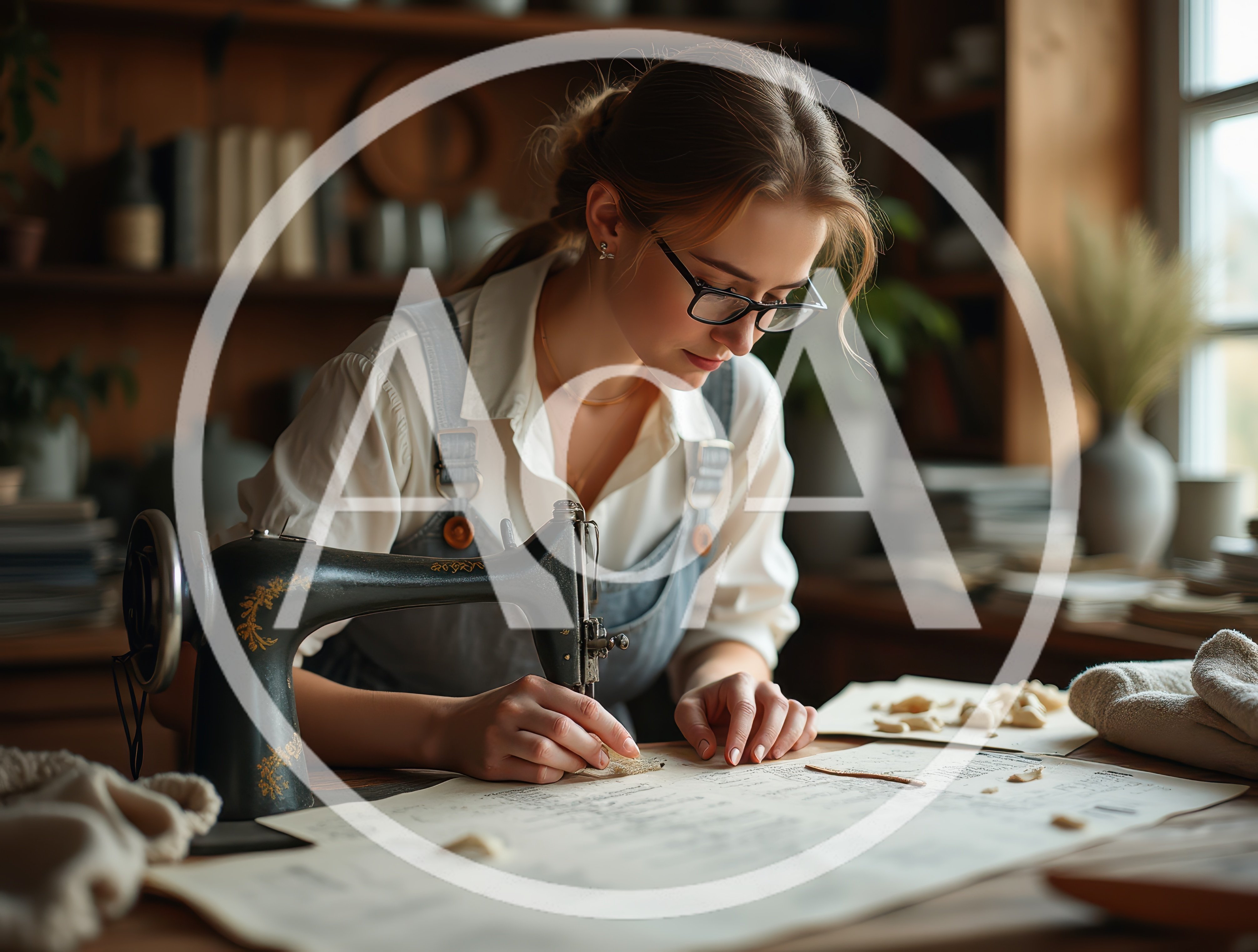 Young Woman Sewing Fabric Pattern In A Rustic Workshop