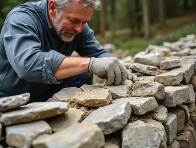 Mature Man Building A Dry Stone Wall