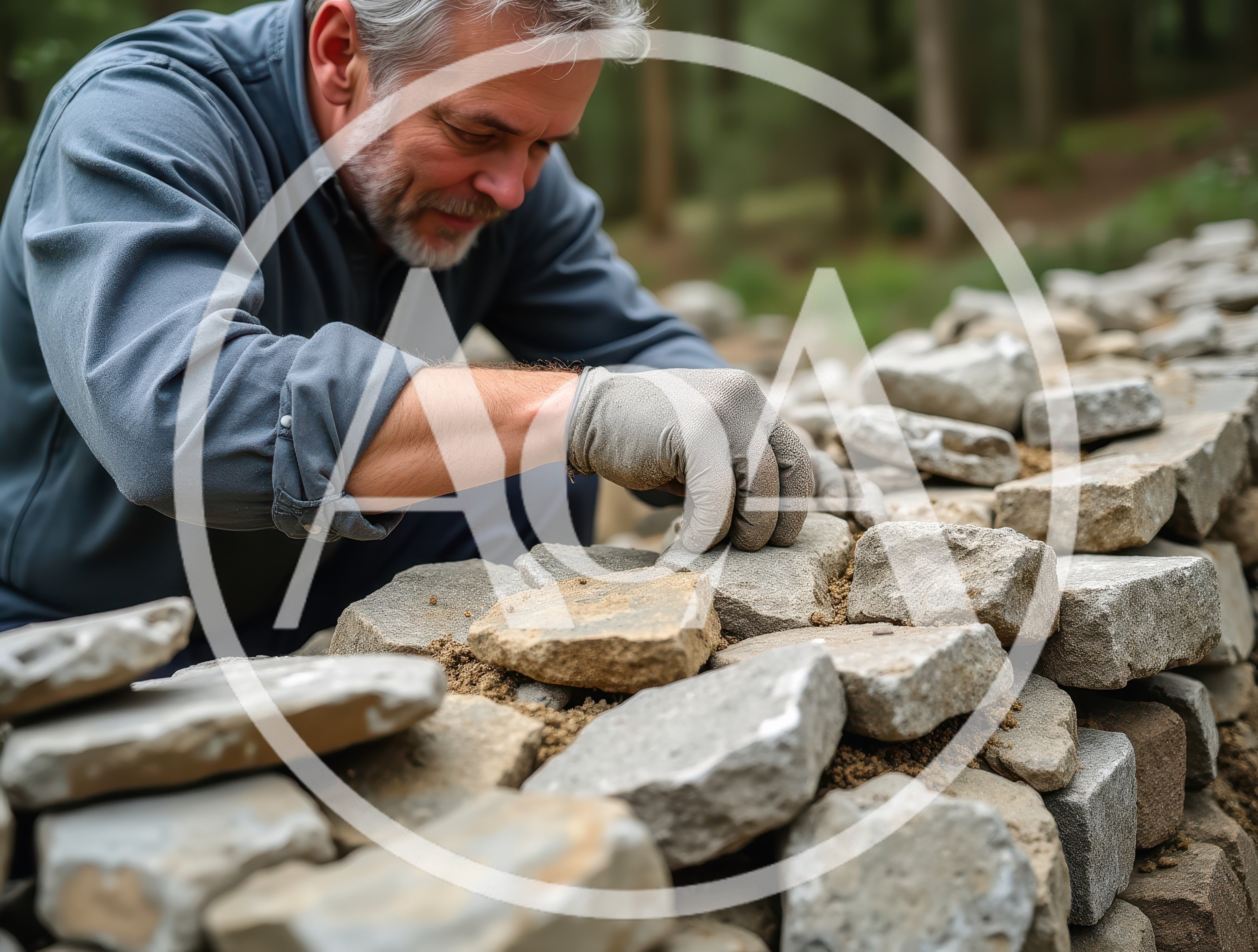 Mature Man Building A Dry Stone Wall