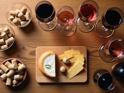 Wine Tasting Flight With Cheese And Corks