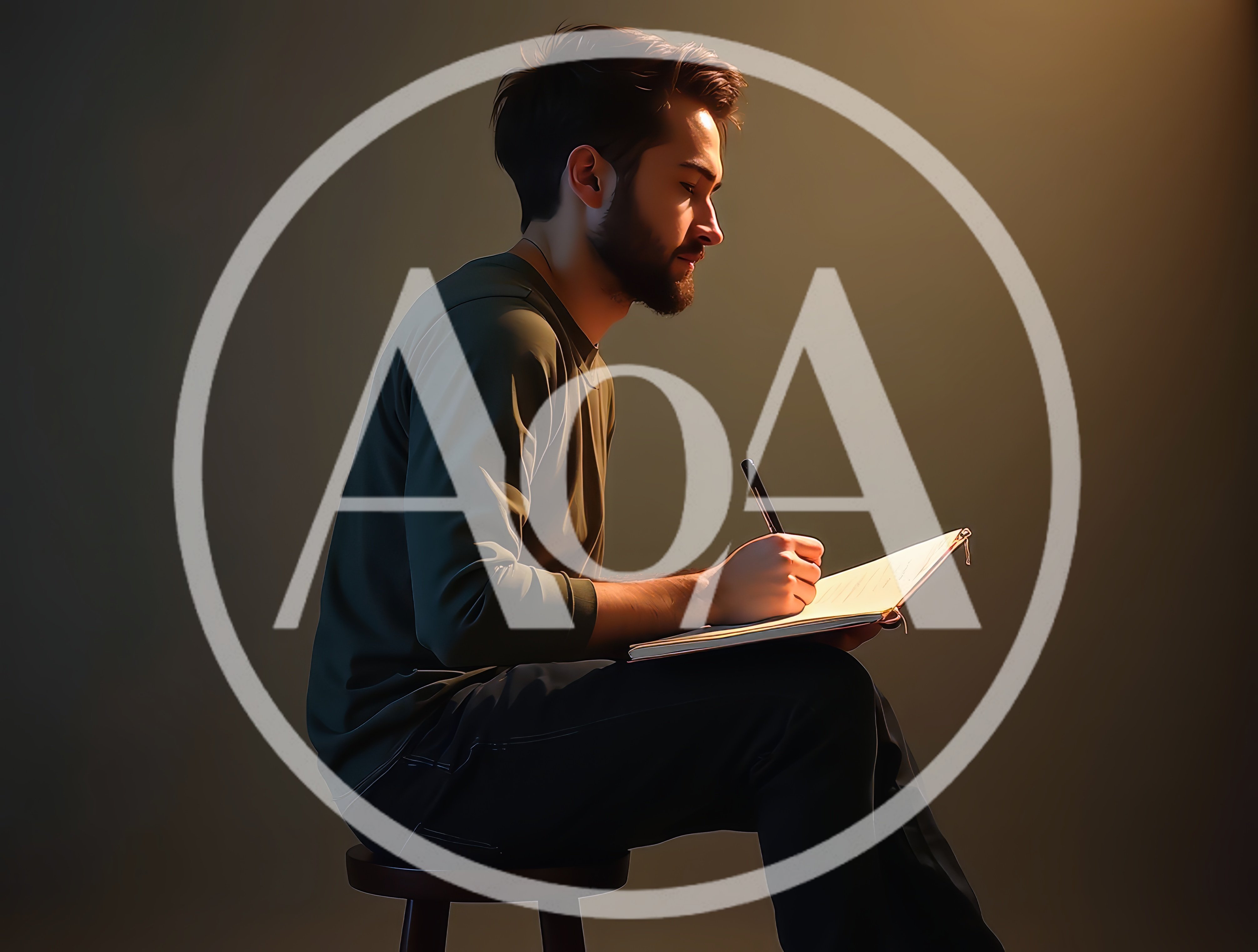 Young Man Writing In A Notebook On A Stool