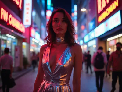 Stylish Woman In Metallic Dress Walking Through Neon City