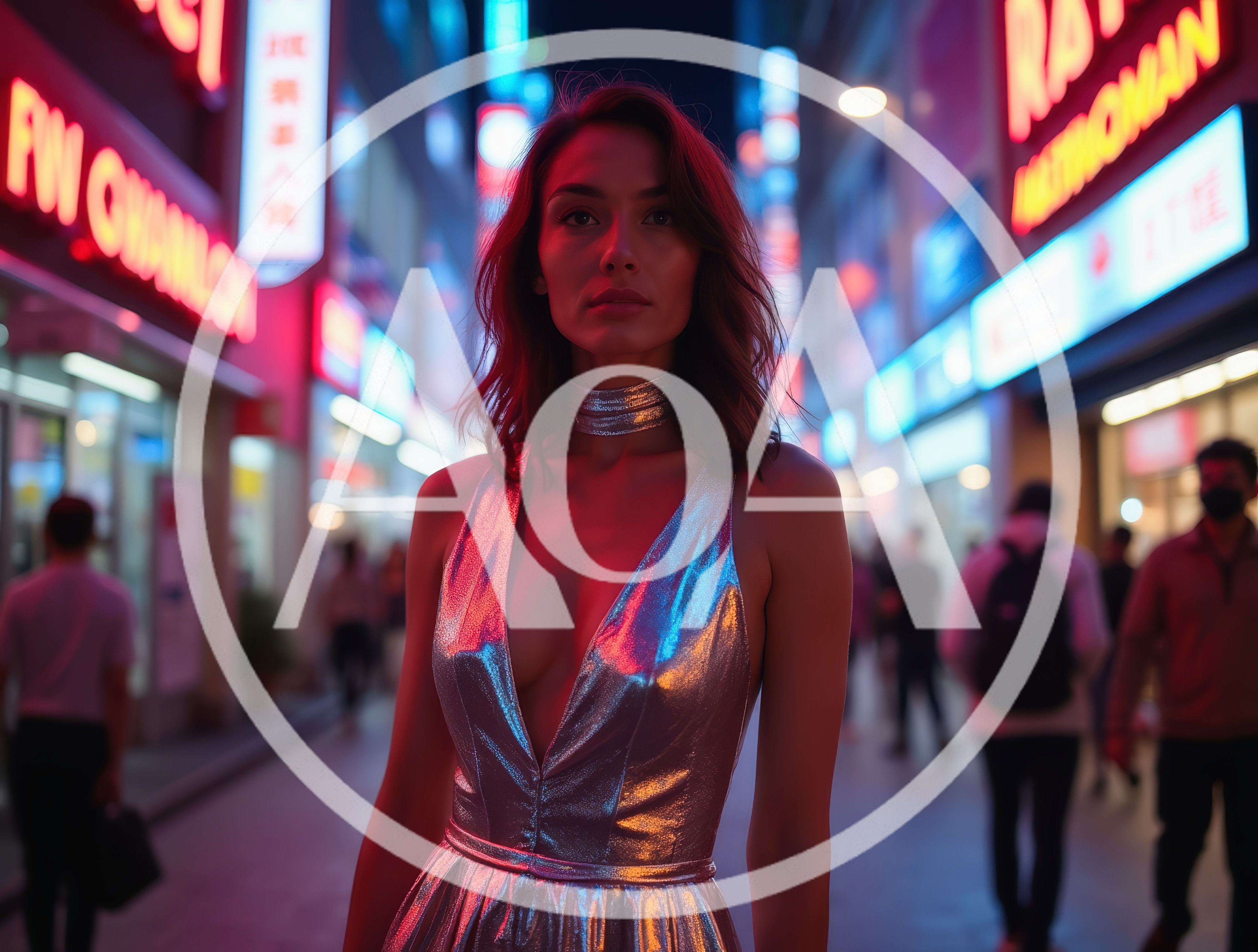 Stylish Woman In Metallic Dress Walking Through Neon City