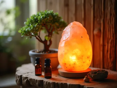Himalayan Salt Lamp With Essential Oils And Bonsai Tree