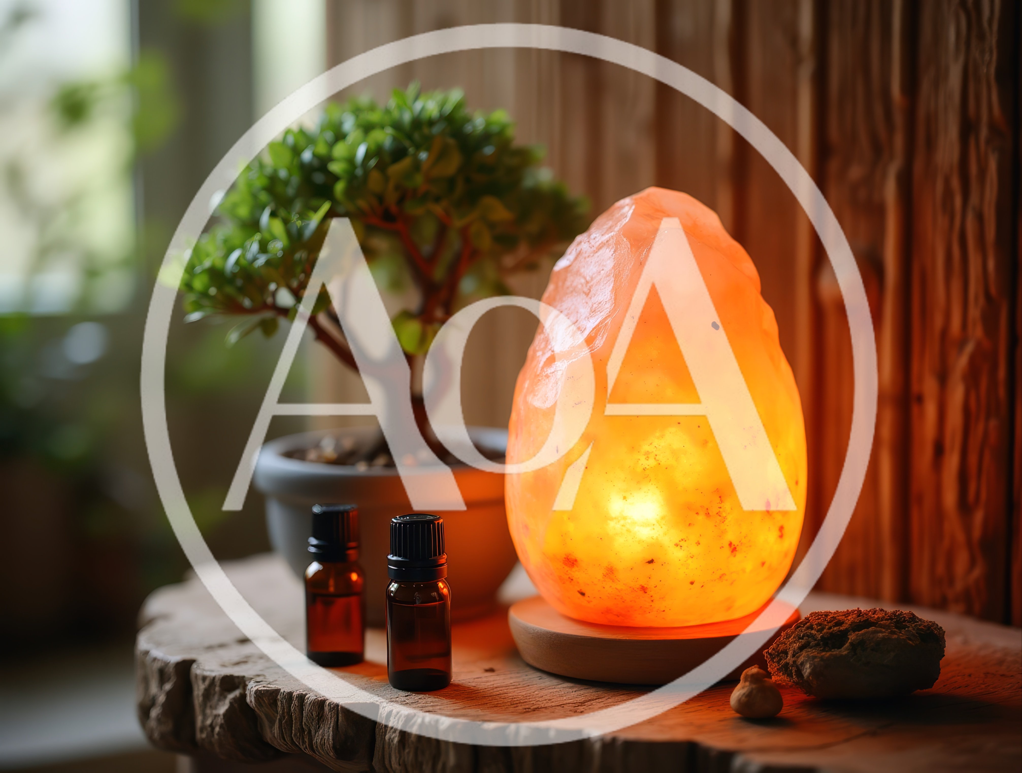 Himalayan Salt Lamp With Essential Oils And Bonsai Tree