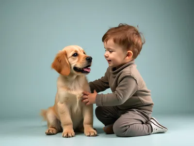Toddler Boy Petting A Golden Retriever Puppy