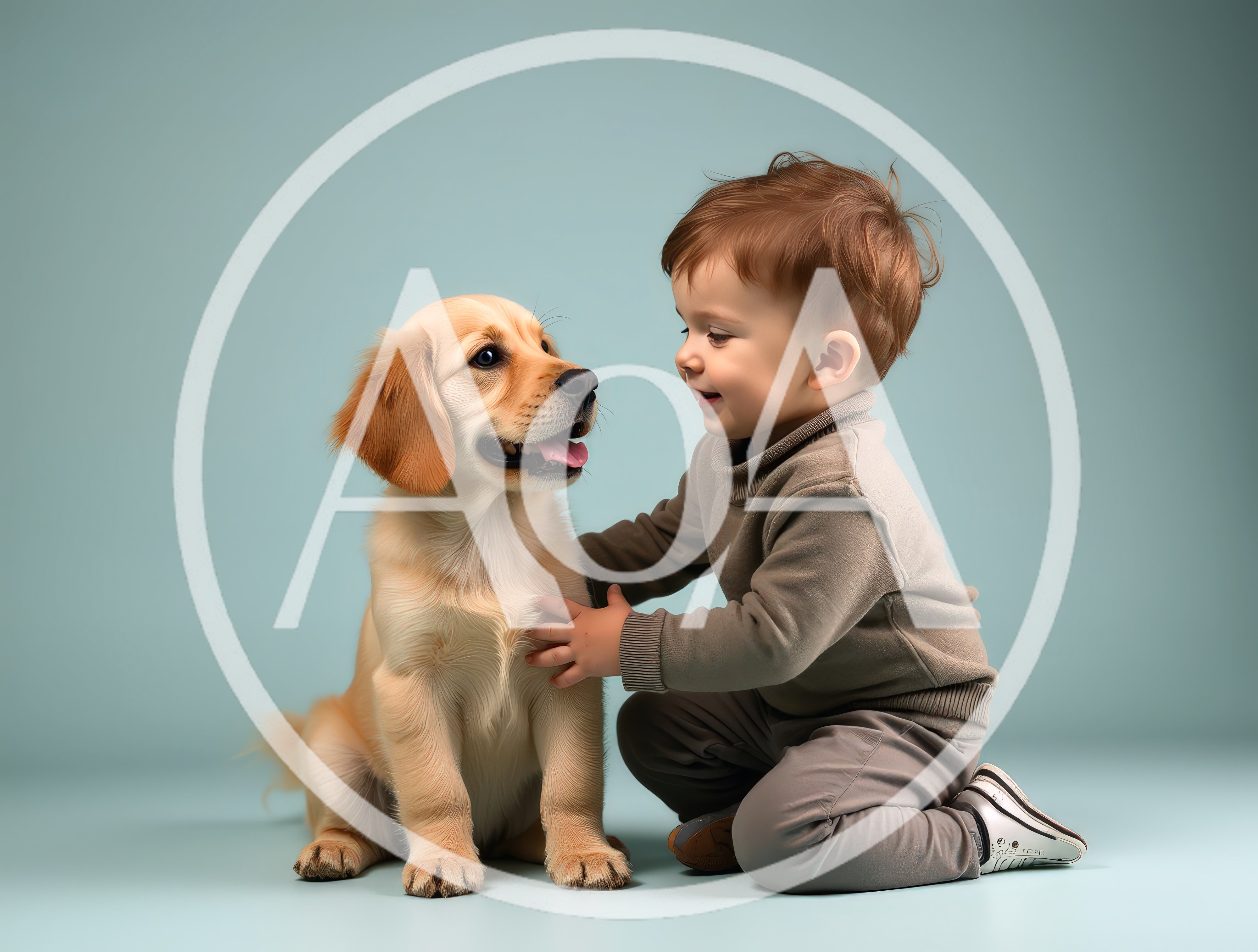 Toddler Boy Petting A Golden Retriever Puppy