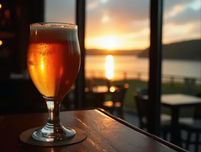 Glass Of Beer On A Table At Sunset
