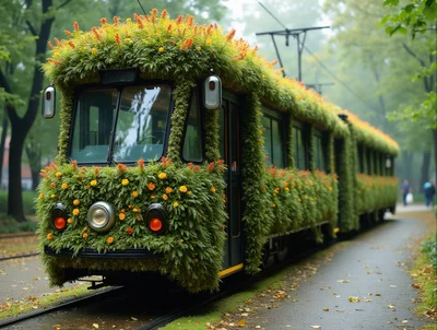 Floral Decorated Tram Moving Through A Lush Green Park