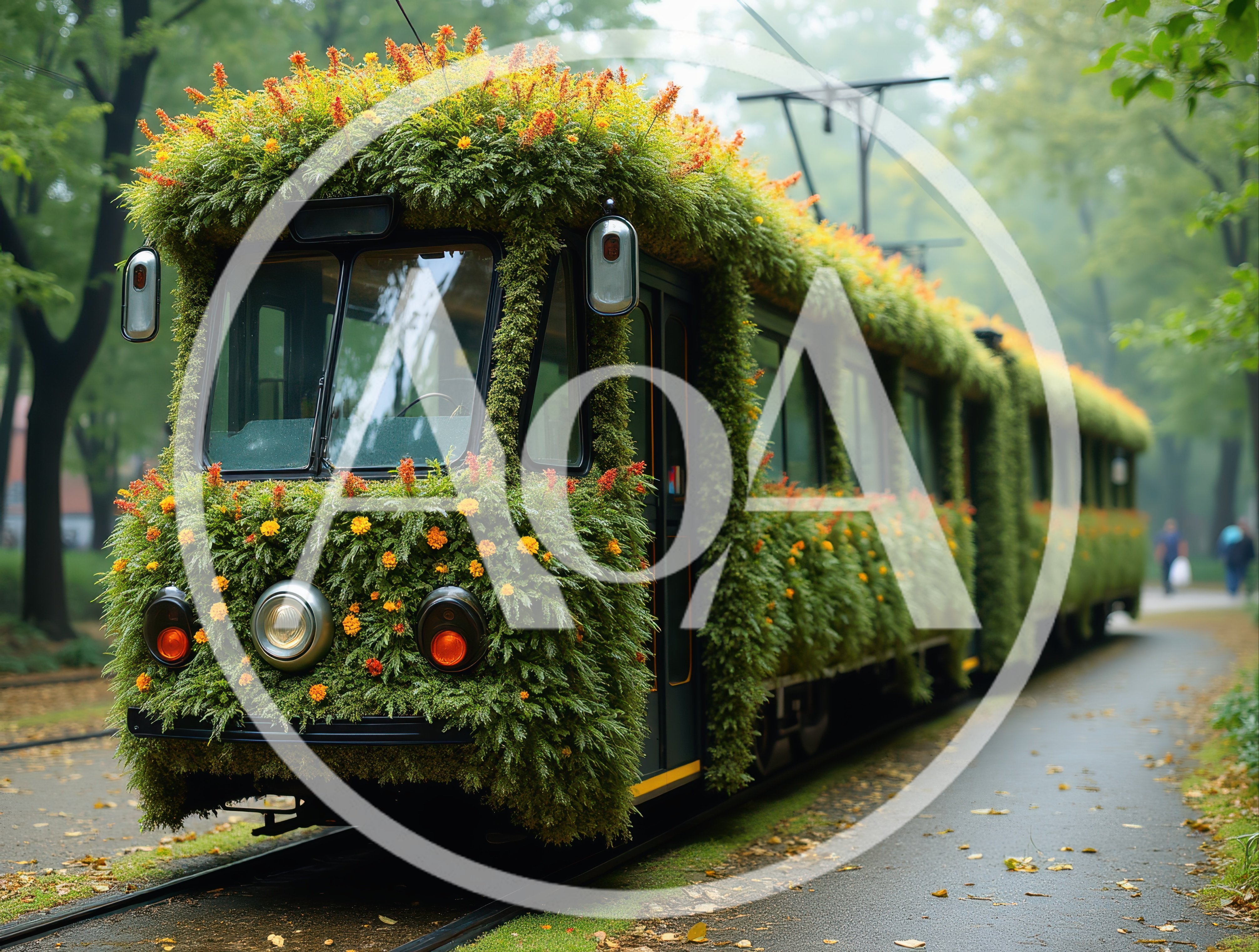 Floral Decorated Tram Moving Through A Lush Green Park