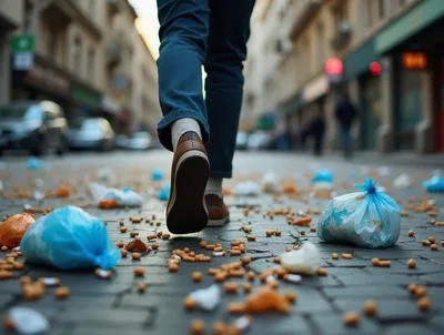 Person Walking Through Litter Covered City Street