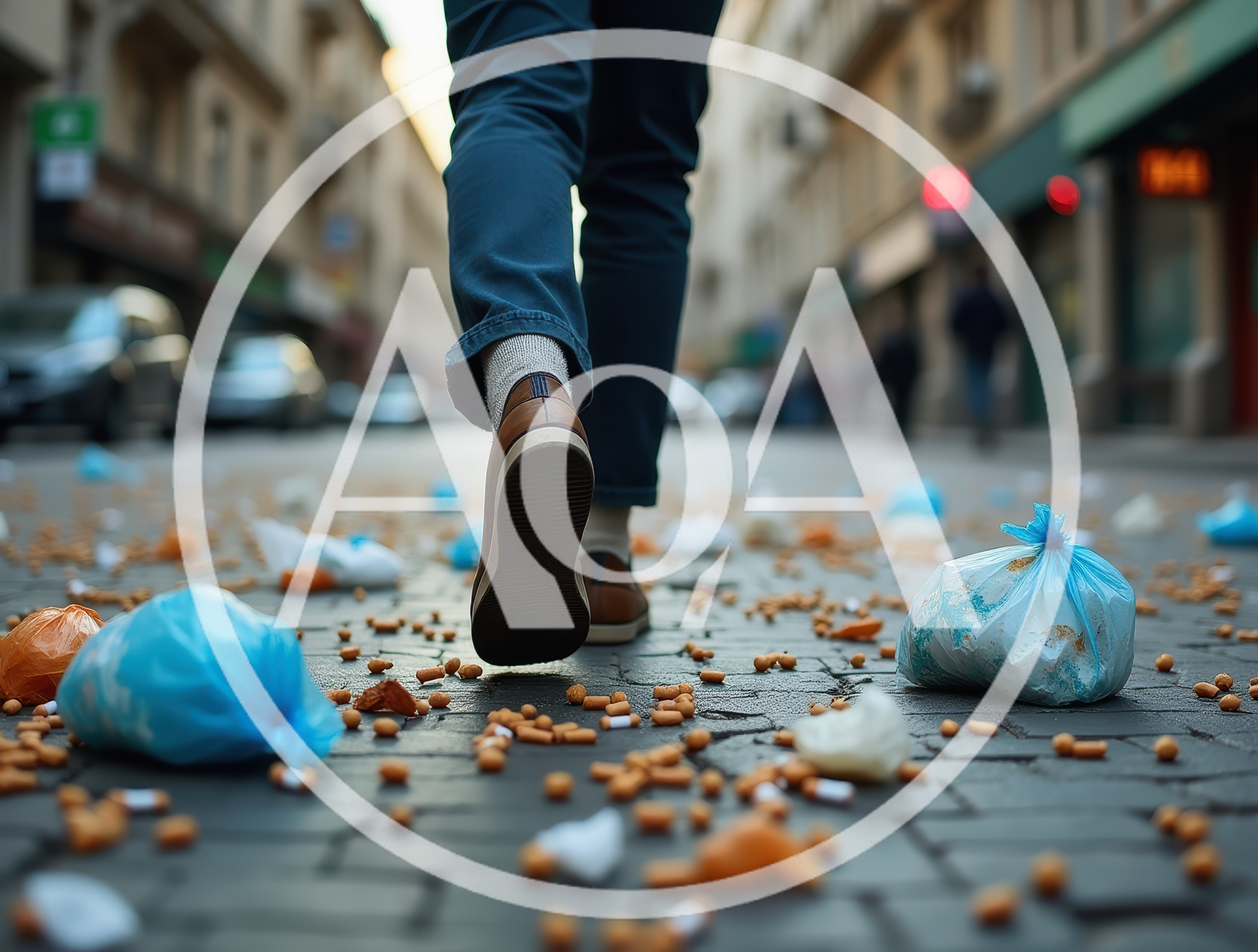 Person Walking Through Litter Covered City Street