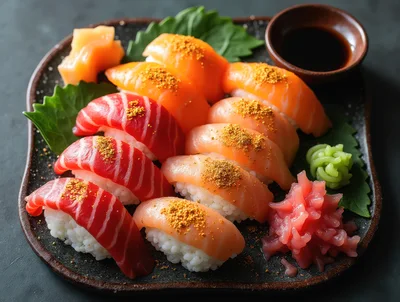 Assorted Nigiri Sushi Platter With Soy Sauce And Ginger