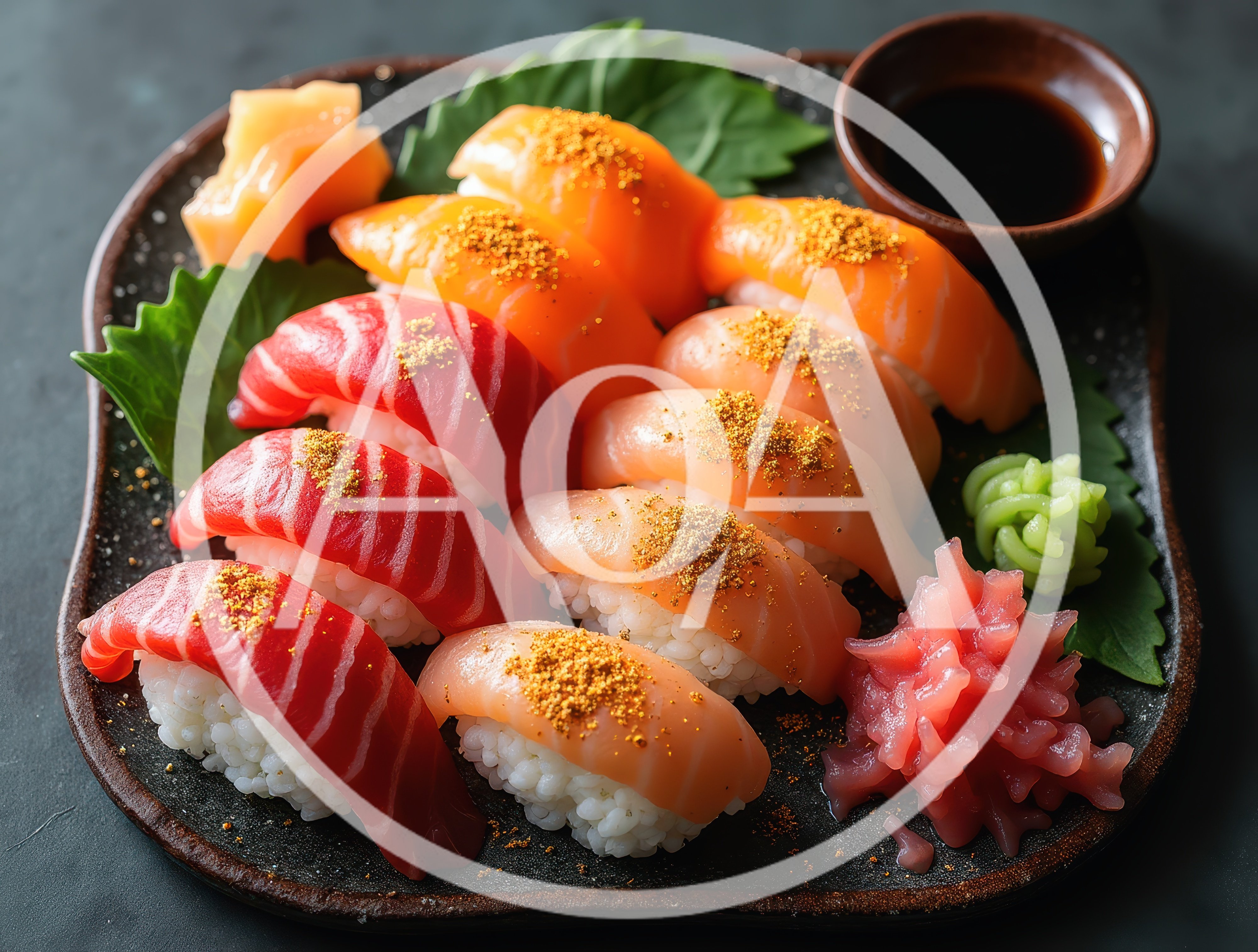 Assorted Nigiri Sushi Platter With Soy Sauce And Ginger
