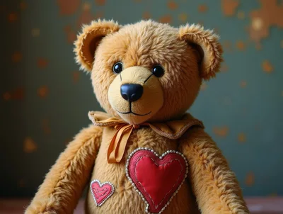 Cute Brown Teddy Bear With Red Heart Patches