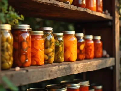 Assorted Glass Jars Of Preserved Vegetables On Wooden Shelves