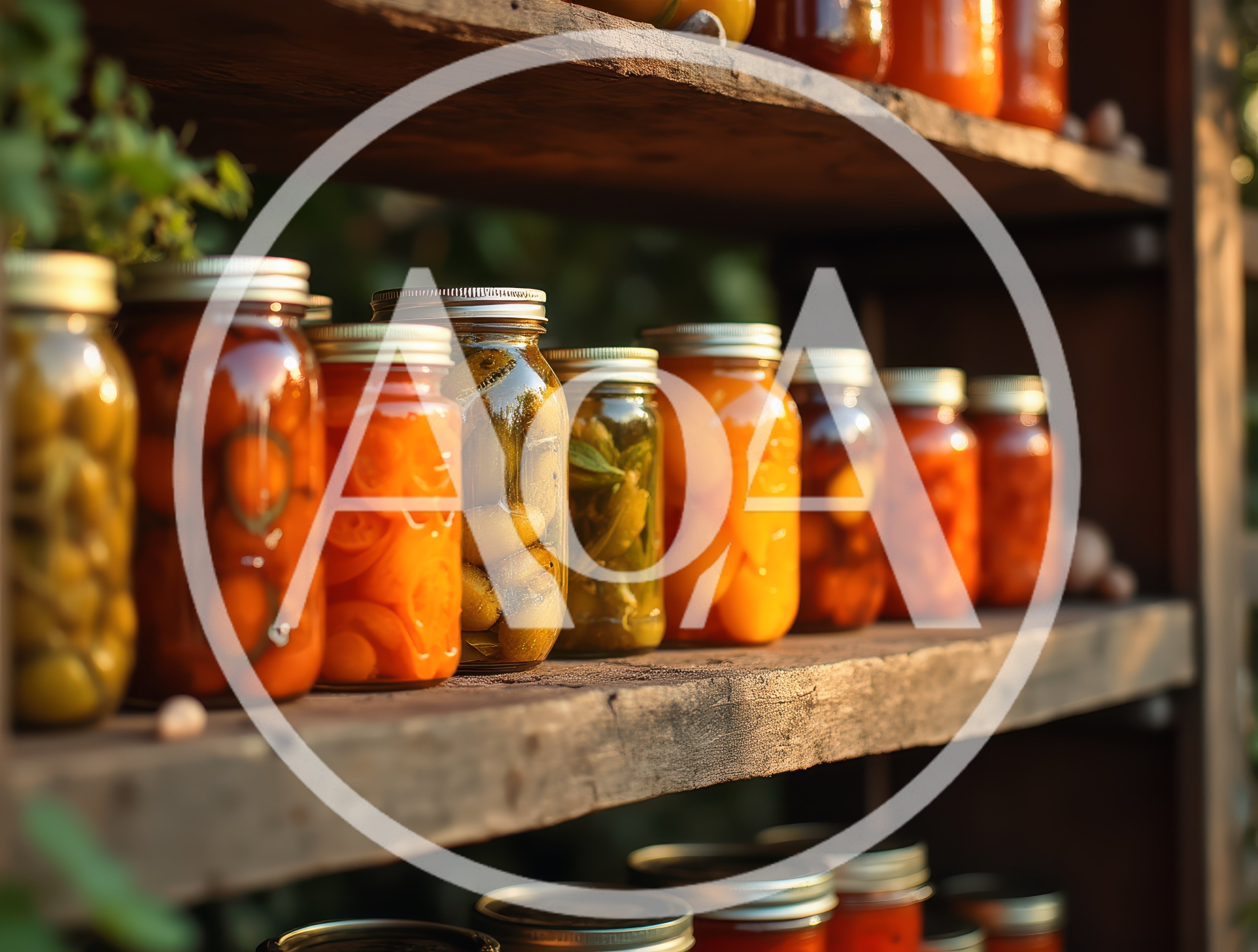 Assorted Glass Jars Of Preserved Vegetables On Wooden Shelves