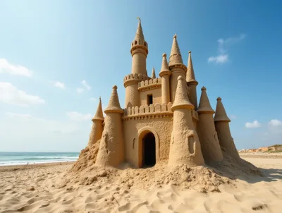 Intricate Sandcastle Sculpture On A Sunny Beach