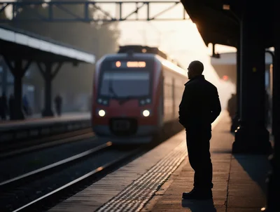 Man Standing Alone on a Train Station Platform