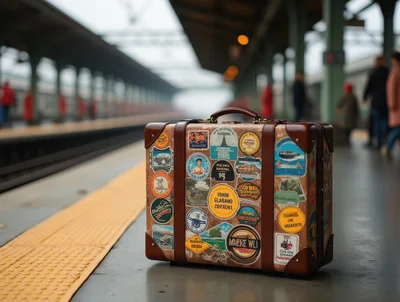 Vintage Suitcase With Travel Stickers On Train Platform