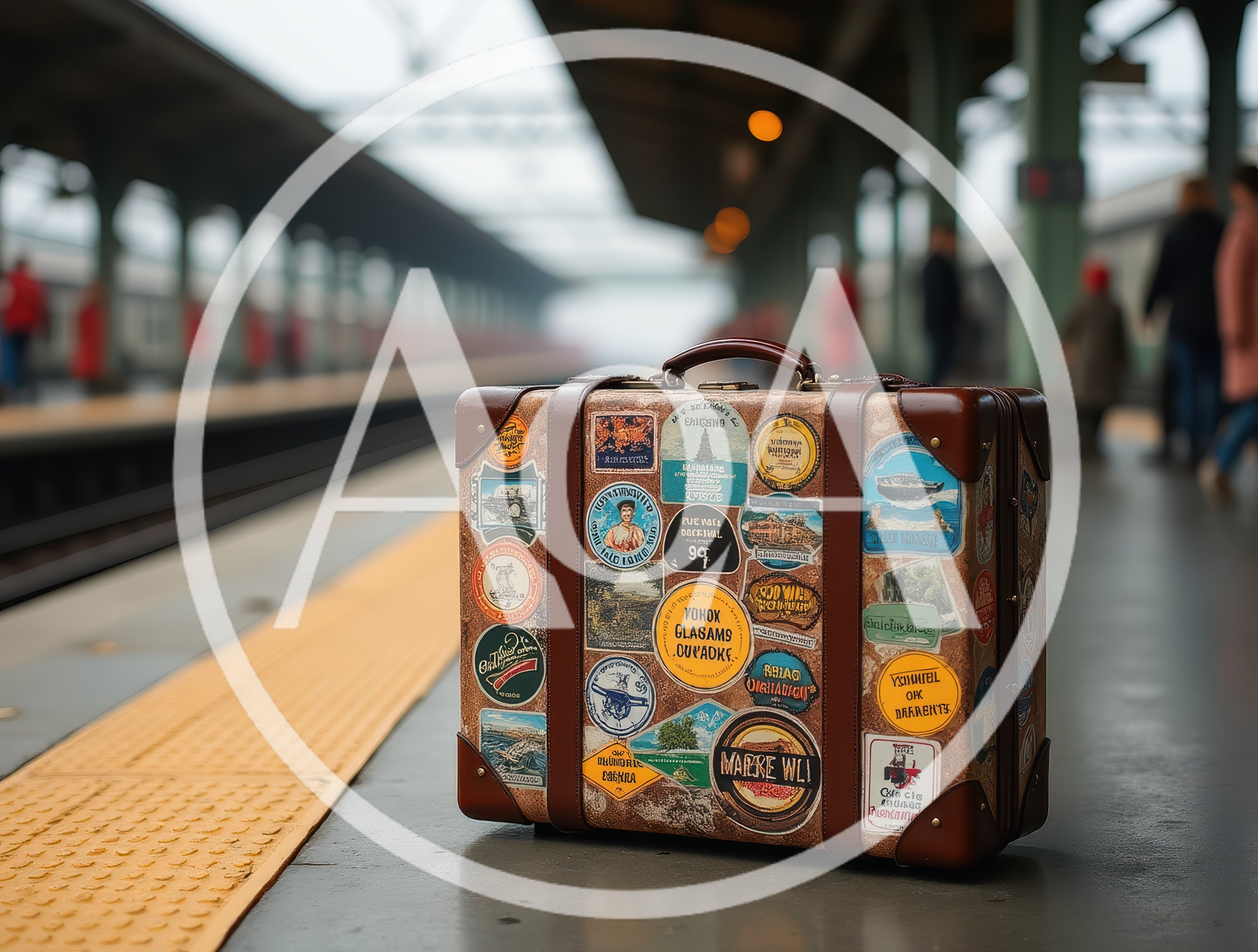 Vintage Suitcase With Travel Stickers On Train Platform