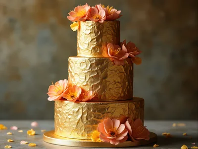 Three Tiered Gold Leaf Wedding Cake With Floral Decorations